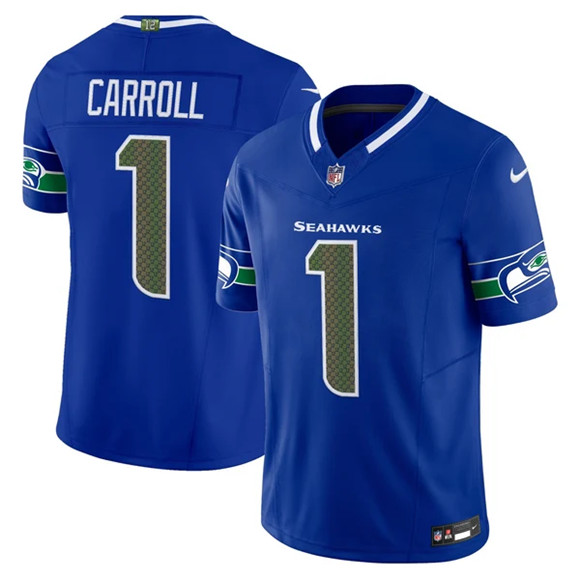 Men's Seattle Seahawks #1 Pete Carroll Royal 2025 F.U.S.E. “Rivalries” Vapor Untouchable Limited Stitched Football Jersey